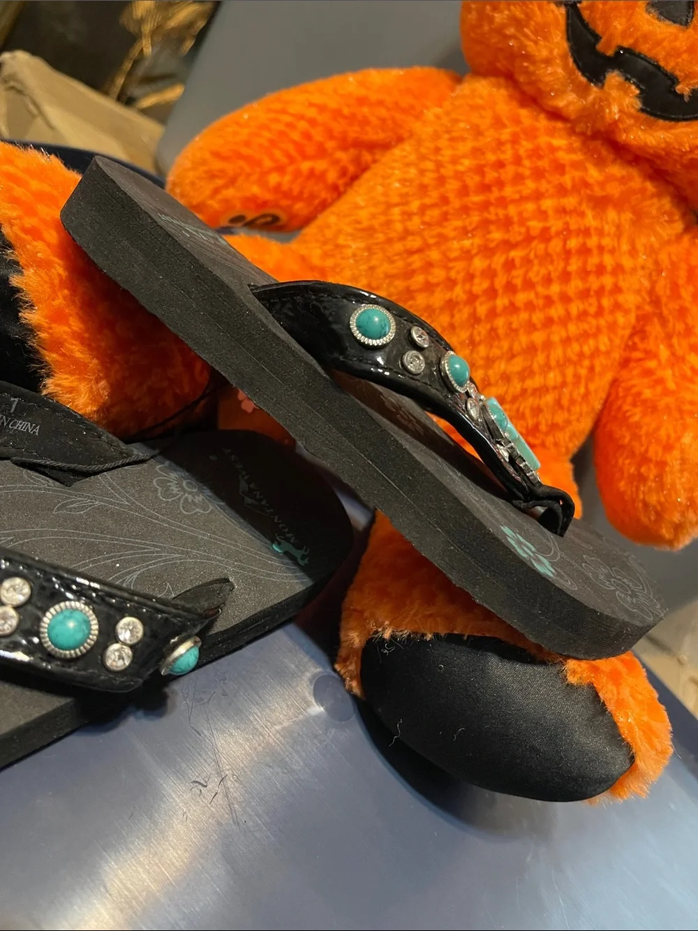 New Kids Montana West Black Flip Flops with Turquoise Cross Accents sizes 13-4